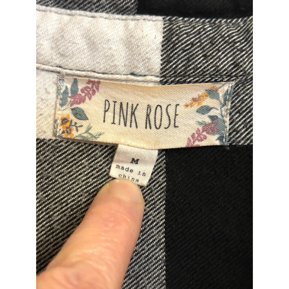 Pink Rose Women’s Medium Black White Buffalo Plaid Top Button Down Trendy Chic - Picture 8 of 11